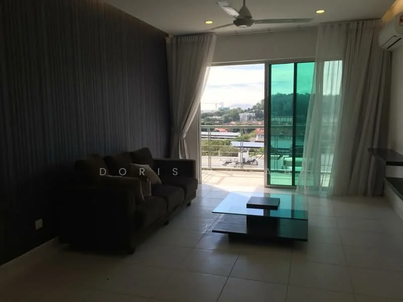 Living features: 3-seater fabric sofa in dark grey, glass coffee table, floor-to-ceiling windows, sliding glass door, sheer curtains, recessed downlights, ceiling fan, white walls, light-colored tile flooring, wall-mounted air conditioning unit; style: modern; view: city.