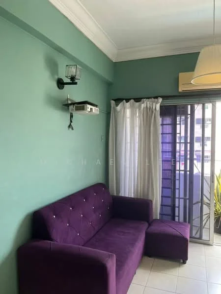 Living features: purple fabric sofa, white sheer curtains, green painted walls, tile flooring, ceiling light fixture, wall-mounted projector, air conditioning unit, window with security bars; style: modern.