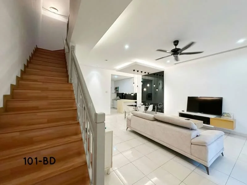 Living features: white painted walls, recessed downlights, 5-blade ceiling fan, large flat-screen TV on wall-mounted console, light-colored fabric sofa, tile flooring, open layout to kitchen, decorative wall with dark accents; style: modern. Staircase features: wooden staircase, white railing, natural wood finish, bright lighting; style: modern.