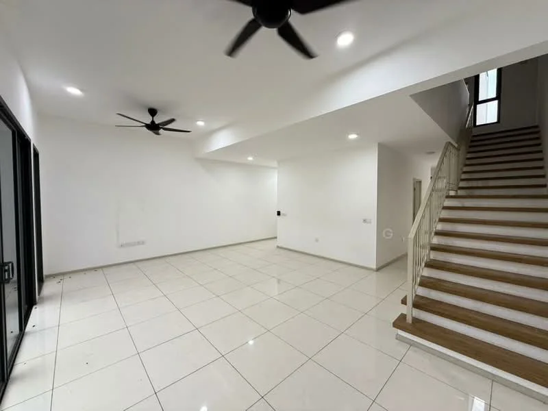 Living features: white painted walls, glossy white tile flooring, 5-blade ceiling fan, recessed LED downlights, large glass sliding doors, staircase with wooden steps, open layout, no visible furniture; style: modern.