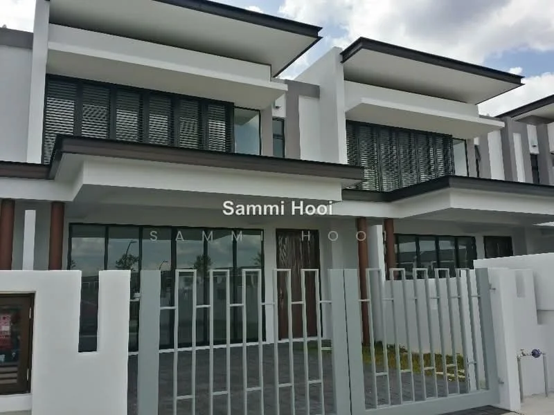 Exterior type: semi-detached house; features: white painted facade, horizontal wooden slats, large floor-to-ceiling windows, concrete driveway, manicured lawn, metal gate, two-storey structure, modern architectural design; style: modern.