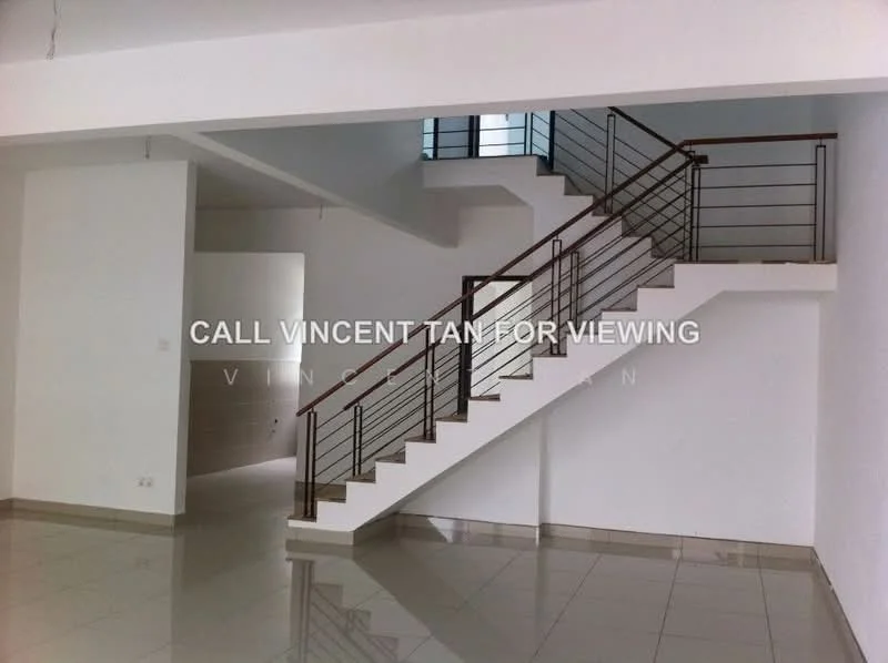 Room features: white painted walls, glossy ceramic tile flooring, staircase with metal railing, large windows allowing natural light, open space layout, high ceiling, neutral color scheme, no visible furniture; style: modern.