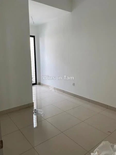 Room features: white painted walls, glossy ceramic tile flooring, large window with vertical blinds, natural light from window, neutral color scheme, baseboards, no visible furniture; style: modern.