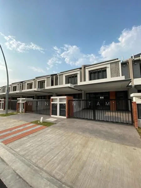 Exterior type: linked terrace house; features: two-storey building, white painted facade, grey accents, gated entrance, paved driveway, manicured lawn, horizontal louvre screens, balconies on upper floor, brick columns, modern architectural design; style: modern.
