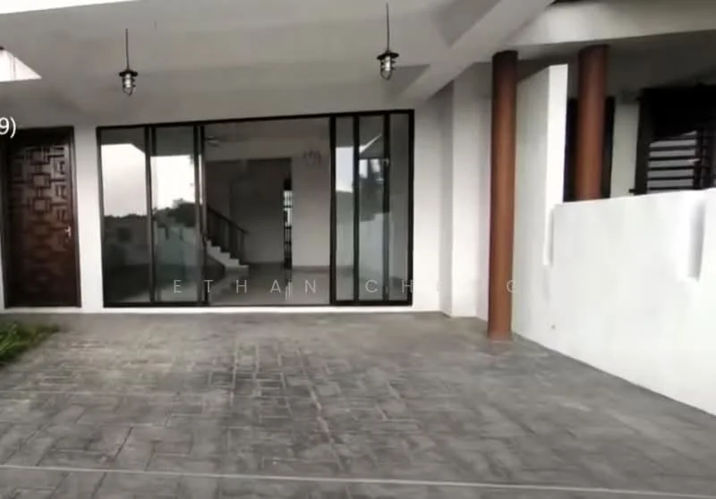 Exterior type: detached bungalow; features: concrete flooring, glass sliding doors, exposed wooden columns, decorative wooden paneling on door, landscaped garden area, stamped concrete driveway, overhang with pendant lighting; style: modern.