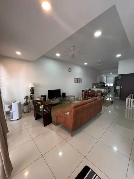 Living features: cream painted walls, white ceiling, recessed downlights, 5-blade ceiling fan, large floor-to-ceiling windows, glossy ceramic tile flooring, 3-seater fabric sofa in orange, wooden coffee table, TV console, wall-mounted TV, decorative plants, clock on wall, open layout to kitchen, dining area visible in background; style: modern.
