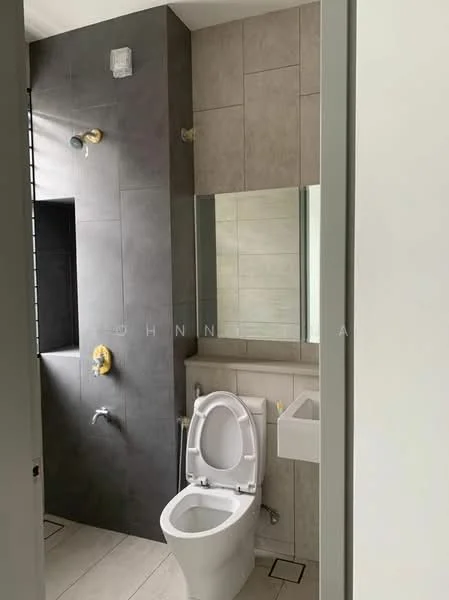 Bathroom features: grey tiled walls, light grey tiled flooring, wall-mounted faucet, gold finish showerhead, built-in shower niche, framed mirror, white sink, one-piece toilet, recessed lighting, window for natural light; style: modern.