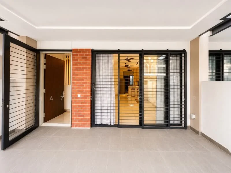 Room features: sliding glass door, black metal security grille, cream painted walls, grey tiled flooring, recessed ceiling lights, ceiling fan, large windows with sheer curtains, brick accent wall; style: modern.