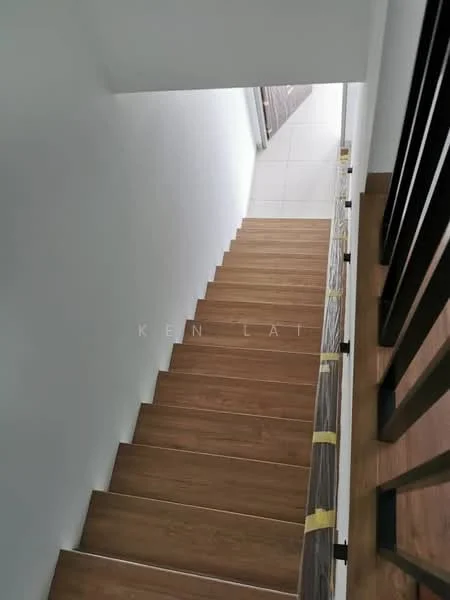 Room features: wooden staircase, white painted walls, tile flooring, metal railing, natural light from upper level, neutral color scheme; style: modern; view: staircase.