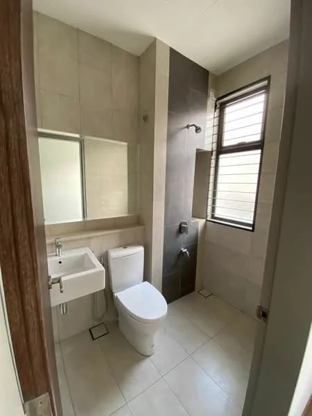 Bathroom features: white ceramic toilet, single-sink vanity with square basin, chrome basin mixer faucet, wall-mounted shower with handheld showerhead, tile flooring, grey wall tiles, mirror above vanity, window with horizontal slats; style: modern.