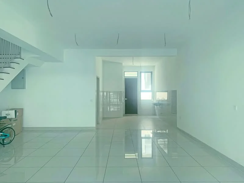 Room features: white painted walls, glossy ceramic tile flooring, large windows allowing natural light, open layout, staircase visible in the background, door leading to another room, neutral color scheme, no visible furniture or decor; style: modern.