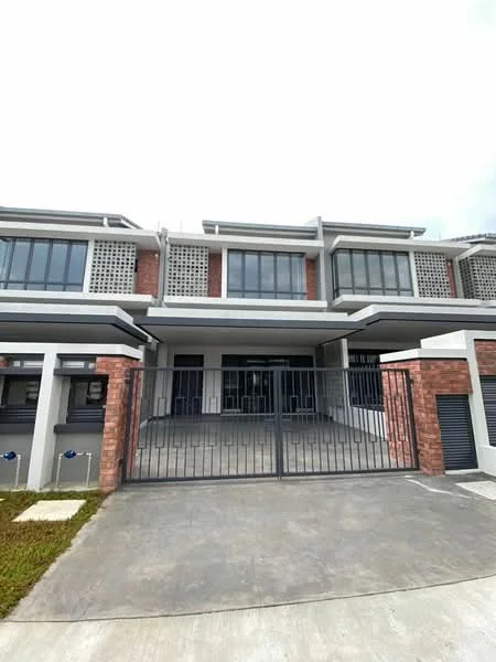 Exterior type: linked terrace house; features: red brick facade, glass windows, metal gate, concrete driveway, manicured lawn, two-storey structure, balconies on upper level, modern architectural design; style: modern.