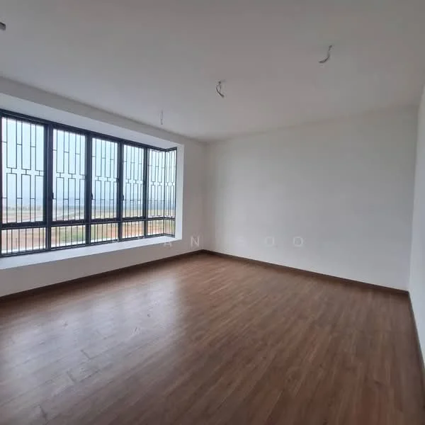Room features: white painted walls, laminate flooring, large floor-to-ceiling windows, window grills, natural light, plain ceiling, no visible fixtures, empty space; style: modern; view: garden.