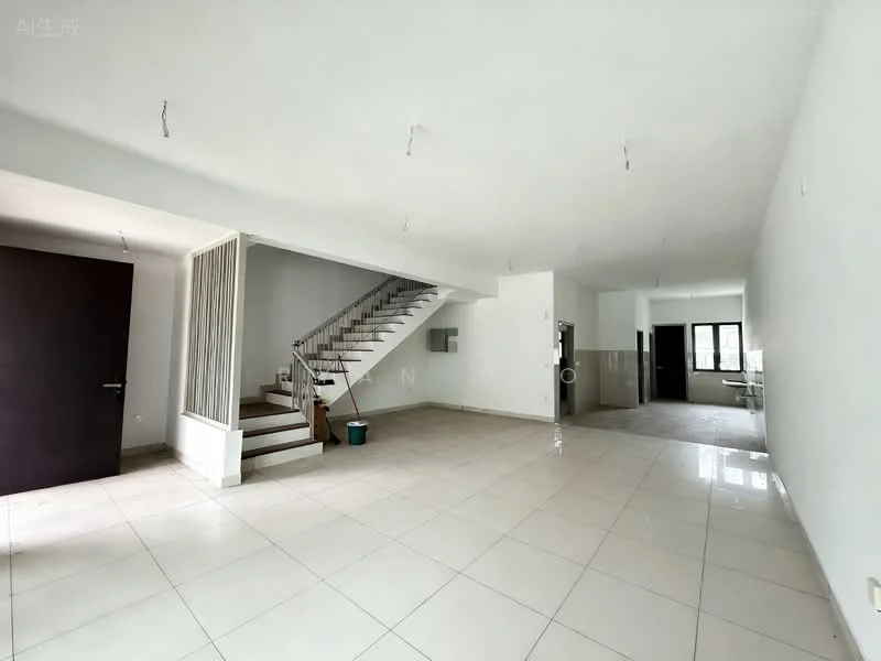 Room features: white painted walls, tile flooring, staircase with wooden steps, large windows for natural light, open layout, recessed ceiling lights, doorway leading to another room, utility area visible in the background; style: modern.