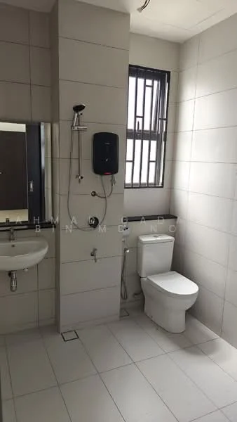 Bathroom features: white tiled walls, grey tiled flooring, single-sink vanity, chrome basin mixer faucet, one-piece toilet, shower with handheld shower head, wall-mounted water heater, window with metal bars; style: modern.