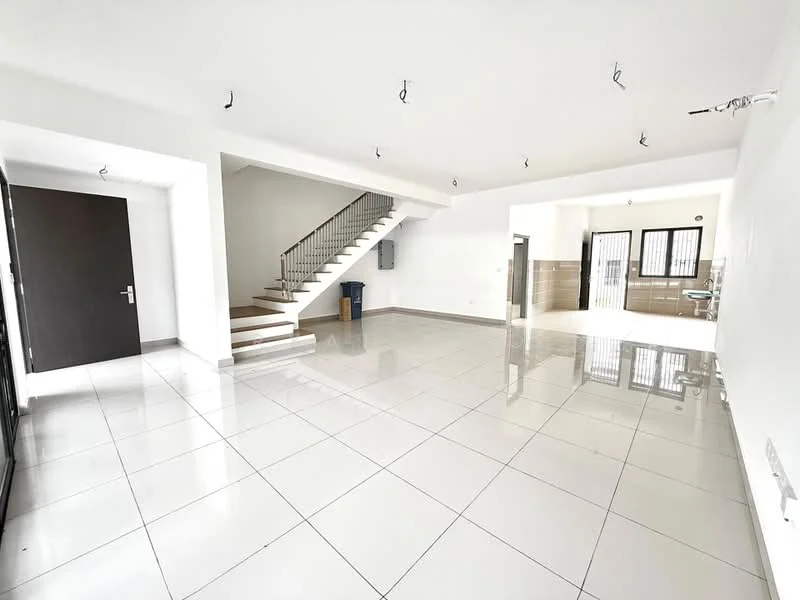 Room features: white painted walls, glossy porcelain tile flooring, staircase with metal railing, large windows, multiple ceiling lights, open layout, doorway leading to another room, utility area with blue bin; style: modern.