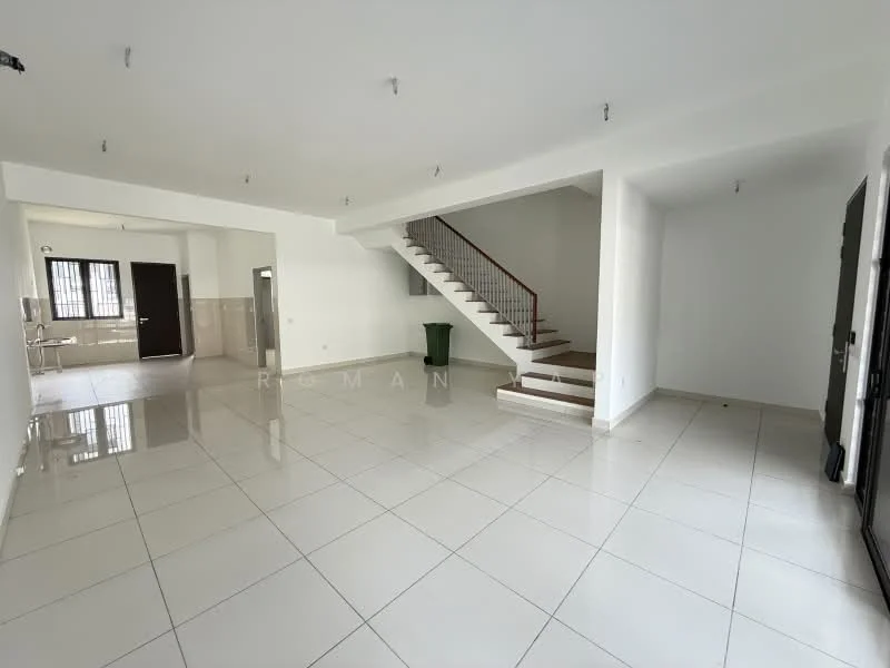 Living features: white painted walls, glossy ceramic tile flooring, staircase with wooden railing, recessed downlights, large windows, open layout, neutral color scheme, corner space for furniture; style: modern. Room features: white painted walls, glossy ceramic tile flooring, large windows, neutral color scheme.
