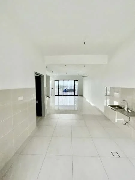 Room features: white painted walls, glossy white tile flooring, recessed downlights, large glass sliding doors, stainless-steel sink, kitchen countertop, open layout, high ceiling; style: modern.
