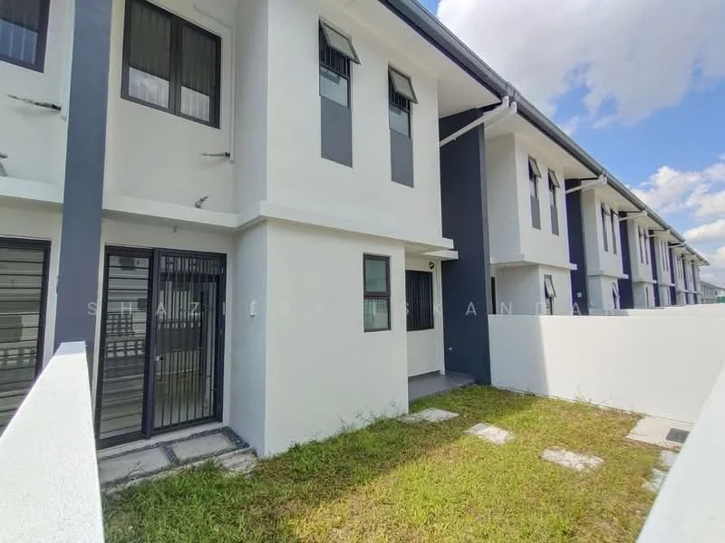 Exterior type: linked terrace house; features: white painted facade, grey accent wall, two-storey building, manicured lawn, paved walkway, windows with grilles, gated entry, surrounded by greenery; style: modern.