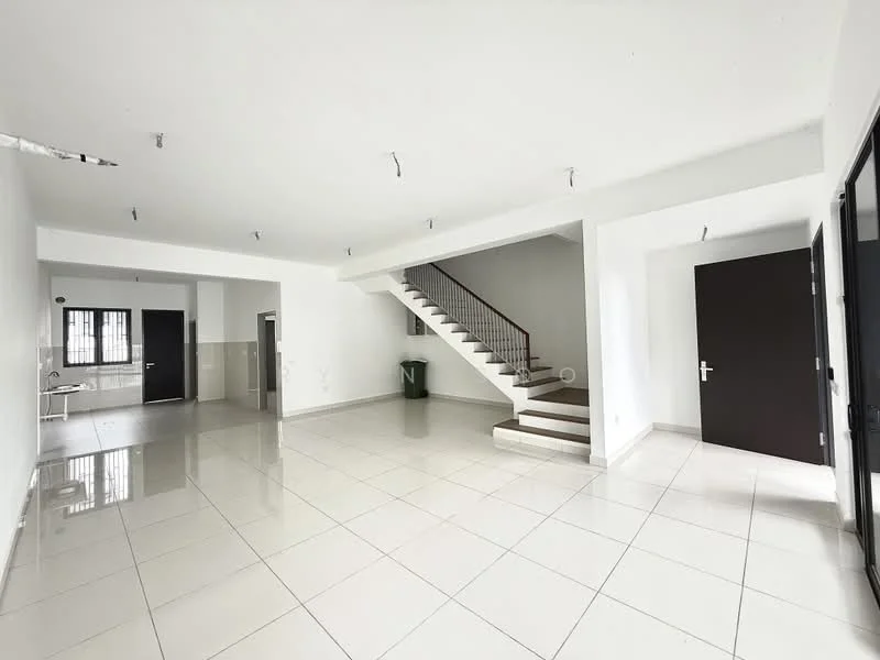 Room features: white painted walls, glossy white tile flooring, staircase with wooden handrail, recessed downlights, large windows, double-door entrance, open layout, corner space for furniture arrangement; style: modern.