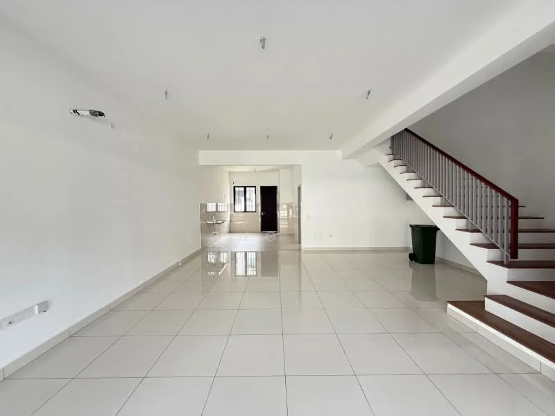Living features: white painted walls, glossy ceramic tile flooring, recessed downlights, open layout, staircase with wooden steps and railing, large windows for natural light, green trash bin, neutral color scheme; style: modern.