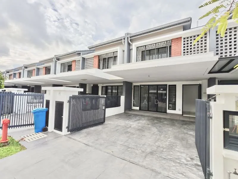 Exterior type: linked terrace house; features: grey painted facade, red brick accents, flat roof, manicured lawn, paved driveway, security gate, fenced perimeter, covered car porch, large windows with grills, outdoor lighting, modern architectural design; style: modern.