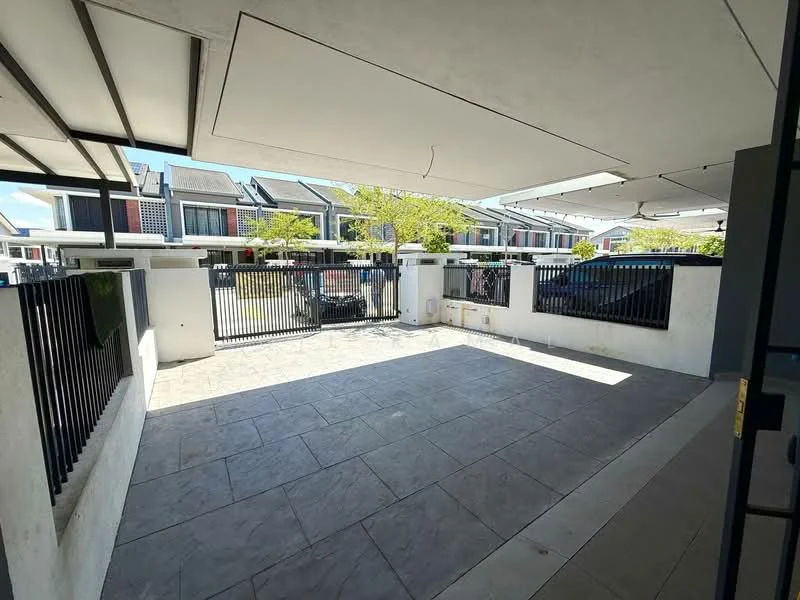 Exterior type: linked terrace house; features: covered car porch, paved flooring, metal gate, fence with vertical bars, surrounding greenery, residential street view, two-storey houses in background; style: modern.
