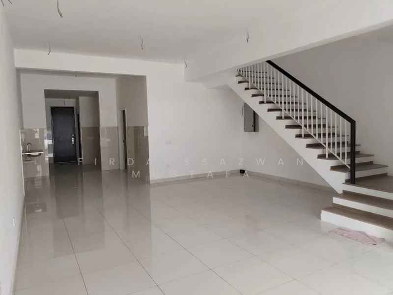 Room features: white painted walls, glossy ceramic tile flooring, staircase with wooden steps, handrail on staircase, open layout, large windows for natural light, ceiling lights, no visible furniture; style: modern.