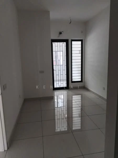 Room features: white painted walls, glossy ceramic tile flooring, sliding glass door, black metal grille, window with vertical bars, recessed ceiling lights, single electrical outlet, neutral color scheme; style: modern.