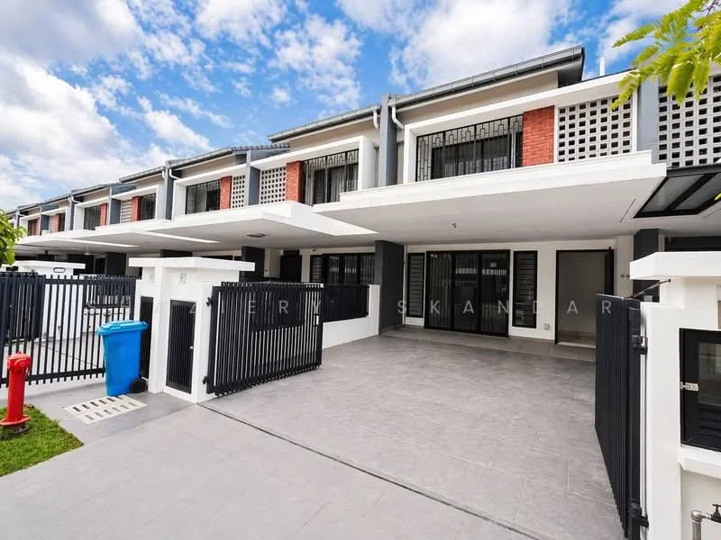 Exterior type: linked terrace house; features: grey painted facade, red brick accents, black metal gate, paved driveway, manicured lawn, fire hydrant, blue trash bin, covered porch, multiple windows, balcony with railing, front entrance with double doors; style: modern.