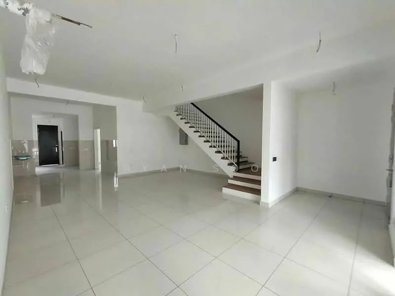 Room features: white painted walls, polished ceramic tile flooring, staircase with wooden steps and metal railing, recessed downlights, open layout, no visible furniture, unfinished space, multiple electrical outlets; style: modern.