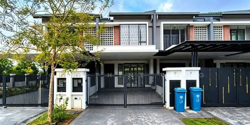 Exterior type: linked terrace house; features: white painted facade, brick accent wall, recessed balconies, metal grille fencing, double-volume car porch, manicured lawn, paved driveway, two blue trash bins, landscaped garden, modern architectural design; style: modern.