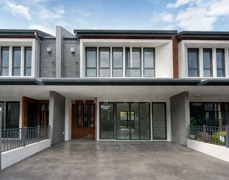 Exterior type: linked terrace house; features: two-storey building, grey painted facade, large windows with black frames, sliding glass door, concrete flooring, front porch area, metal railing, brick accents, modern architectural design; style: modern.