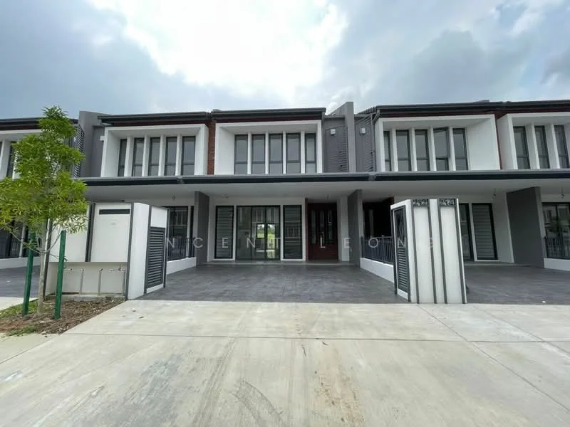 Exterior type: linked terrace house; features: grey and white painted facade, recessed balconies, glass sliding doors, metal grilles on windows, concrete driveway, manicured landscaping, two-storey structure, modern architectural design; style: modern.