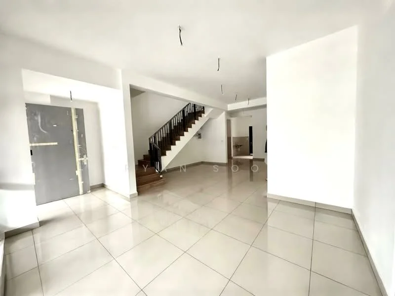 Room features: white painted walls, polished ceramic tile flooring, staircase with wooden steps and black railing, recessed downlights, multiple ceiling lights, open layout, large windows, doorway leading to another room; style: modern.