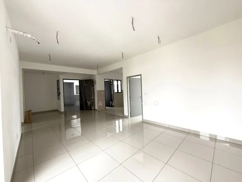 Room features: white painted walls, glossy ceramic tile flooring, recessed ceiling lights, multiple windows, open layout, neutral color scheme, no visible furniture, high ceiling; style: modern.