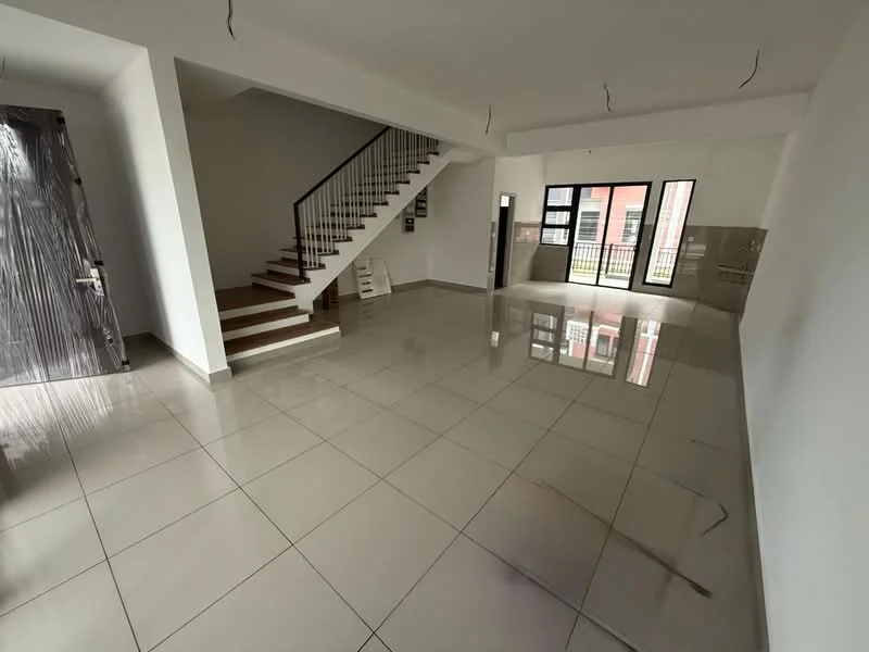 Living features: white painted walls, glossy ceramic tile flooring, large windows with black frames, staircase with wooden steps and metal railing, door with wood finish, open layout, recessed ceiling lights, no visible furniture; style: modern.