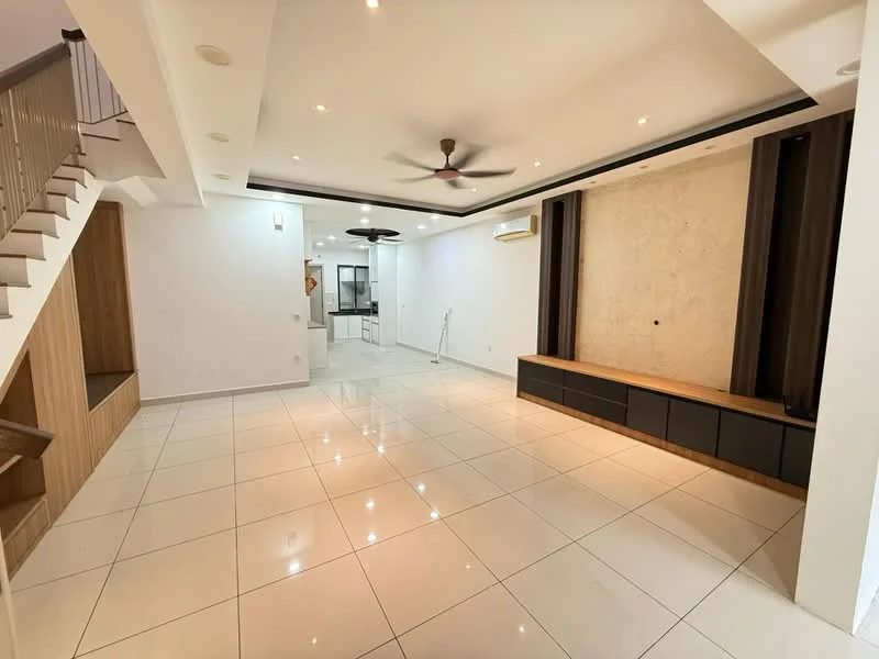 Living features: white painted walls, polished ceramic tile flooring, 5-blade ceiling fan with light, recessed downlights, wall-mounted TV console, built-in cabinetry, open layout, large windows for natural light; style: modern. Room features: staircase with wooden railing, kitchen area visible in background.