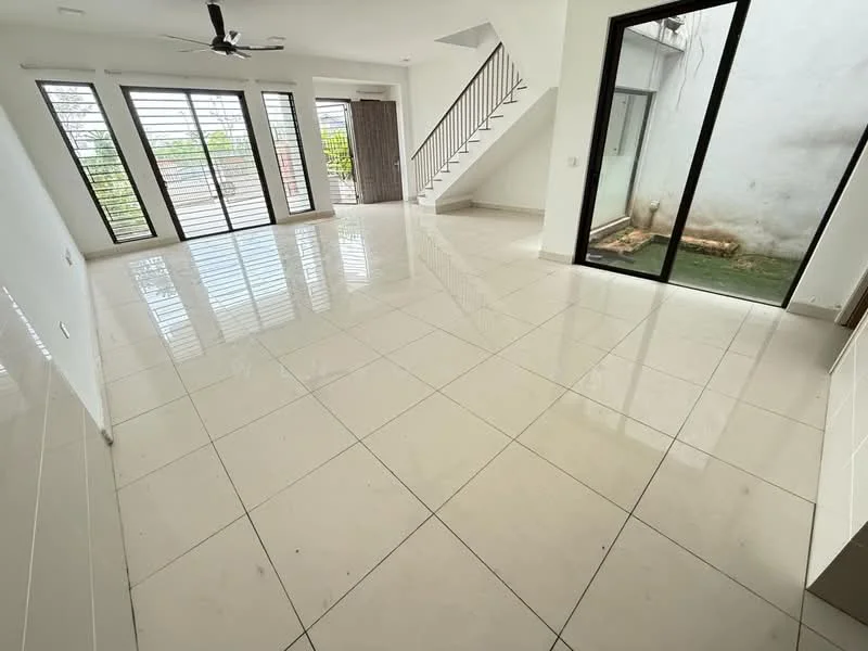 Living features: white painted walls, glossy ceramic tile flooring, 5-blade ceiling fan, floor-to-ceiling windows, sliding glass door, natural light from large windows, open layout, staircase in background; style: modern; view: garden.