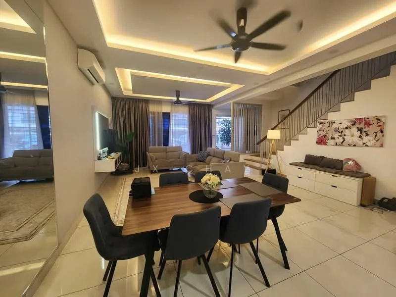 Living features: 5-blade ceiling fan with integrated LED light, sofa in grey fabric, coffee table, wall-mounted TV, recessed downlights, cream painted walls, white tiled flooring, large windows with sheer curtains, decorative wall art, area rug with geometric pattern; style: modern. Dining features: 6-seater dining table, upholstered dining chairs in grey, decorative centerpiece, wall-mounted mirror, open shelving unit, light fixture above dining table; style: modern.