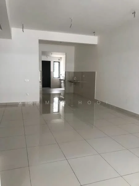 Room features: white painted walls, glossy ceramic tile flooring, recessed downlights, large window with natural light, kitchen area with tiled backsplash, open layout, neutral color scheme, no visible furniture; style: modern.