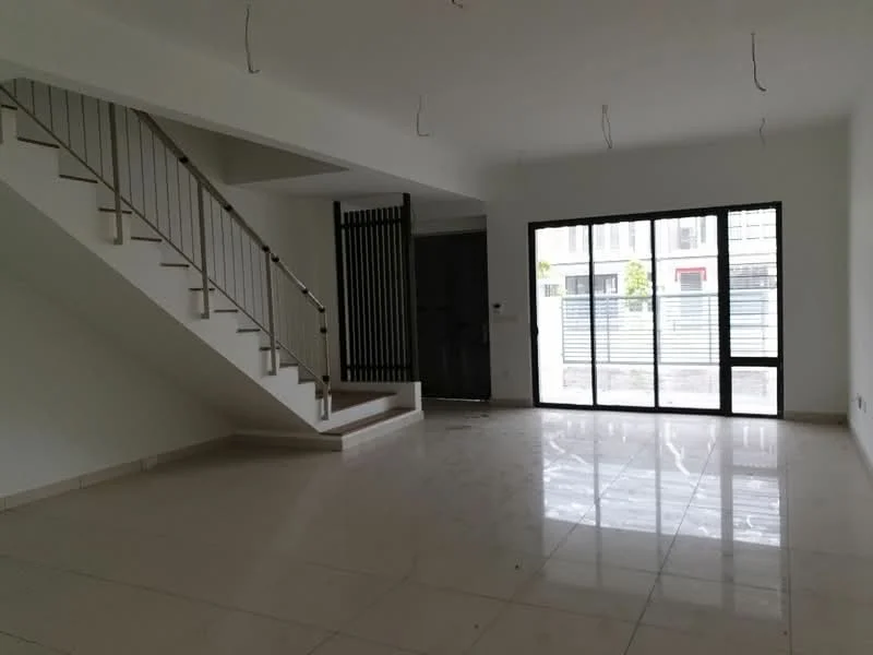 Room features: white painted walls, glossy ceramic tile flooring, staircase with metal railing, large floor-to-ceiling windows, double-door main entrance, open layout, ceiling lights (wiring visible), neutral color scheme; style: modern.