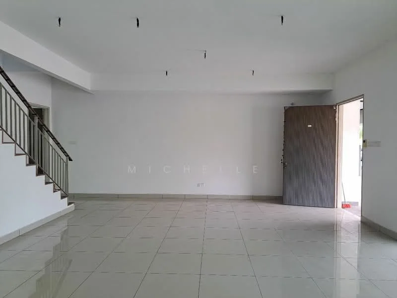 Room features: white painted walls, glossy ceramic tile flooring, recessed downlights, open space layout, staircase with metal railing, main entrance door, large windows, neutral color scheme; style: modern.
