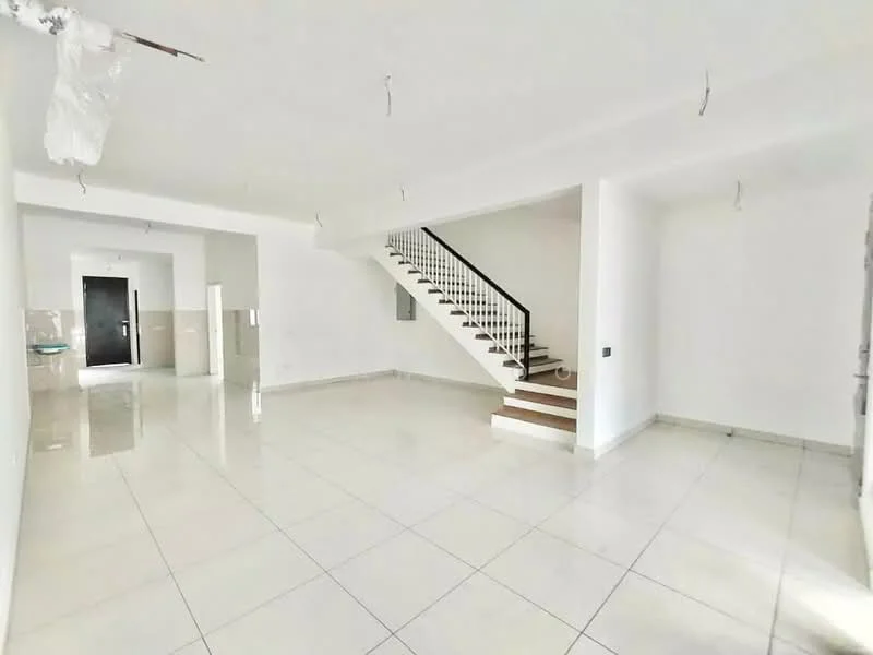 Living features: white painted walls, glossy ceramic tile flooring, staircase with wooden steps and metal railing, recessed lighting, open layout, large windows for natural light, no visible furniture, neutral color scheme; style: modern.
