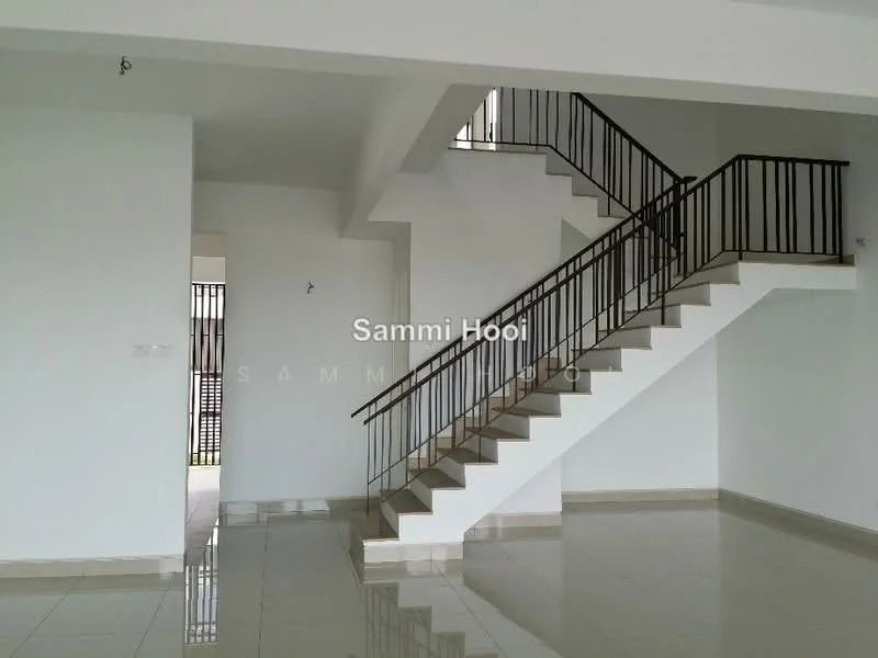 Room features: white painted walls, polished ceramic tile flooring, staircase with metal railing, open layout, large windows, high ceiling, natural light, neutral color scheme; style: modern.