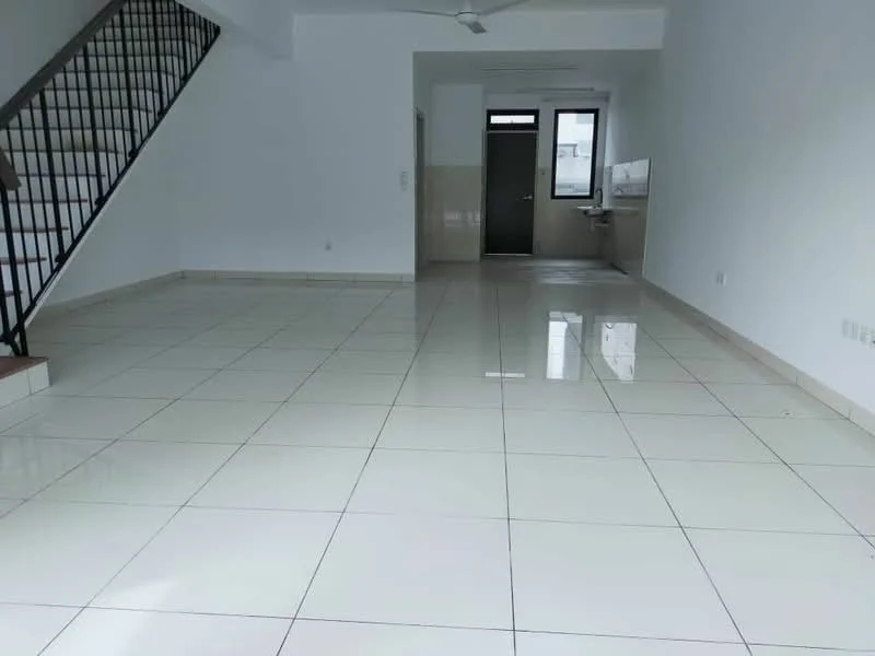 Living features: white painted walls, glossy ceramic tile flooring, ceiling fan, large window, staircase with metal railing, open layout, neutral color scheme, natural light; style: modern. Kitchen features: white cabinetry, countertop, sink, wall-mounted cabinets, tile backsplash; style: modern.