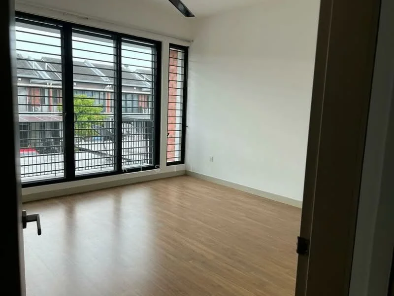 Room features: laminate flooring, white painted walls, floor-to-ceiling windows, black metal window grills, ceiling fan, natural light from windows, view of outdoor area; style: modern; view: garden.