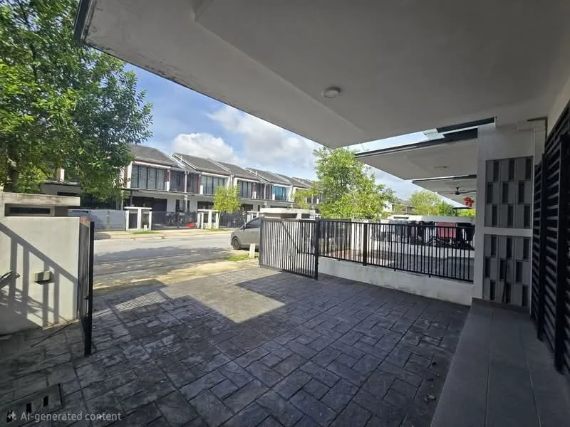 Exterior type: linked terrace house; features: paved walkway, fenced front yard, manicured landscaping, two-storey linked terrace houses in background, concrete facade, overhanging roof, street view, visible parking area; style: modern.