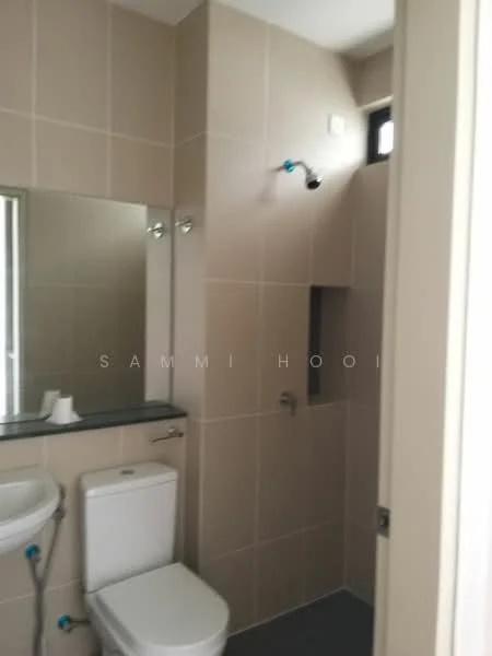 Bathroom features: light beige tiled walls, grey tiled flooring, single-sink vanity with countertop, mirror above sink, toilet, shower area with wall-mounted shower head, built-in niche in shower, window for natural light; style: modern.