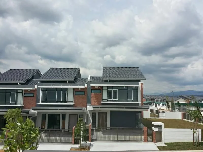 Exterior type: linked terrace house; features: red brick facade, white painted facade, flat roof, double-storey, manicured lawn, paved driveway, large windows, balconies on upper floor, surrounded by greenery, mountain view in background; style: modern.
